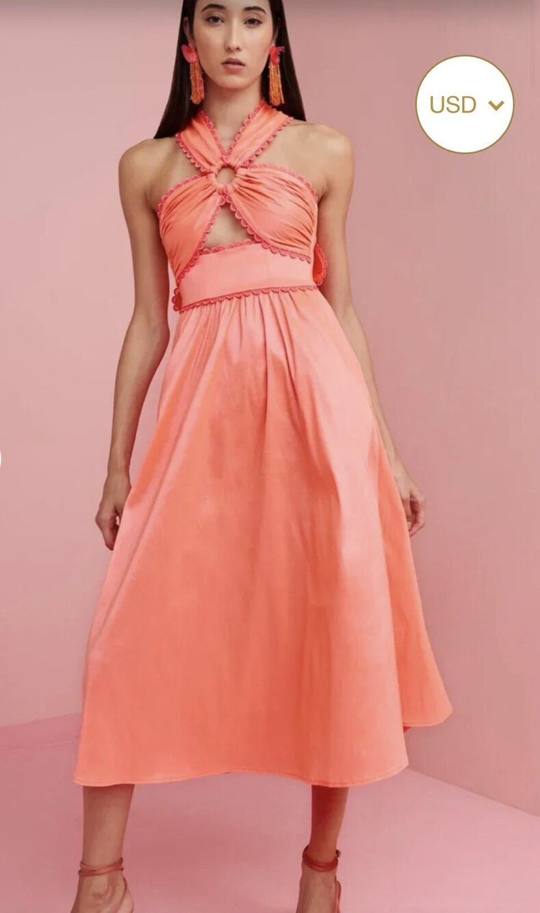 CeliaB Avalon Dress Womens Medium Coral Orange Halter Cutout Midi NWT